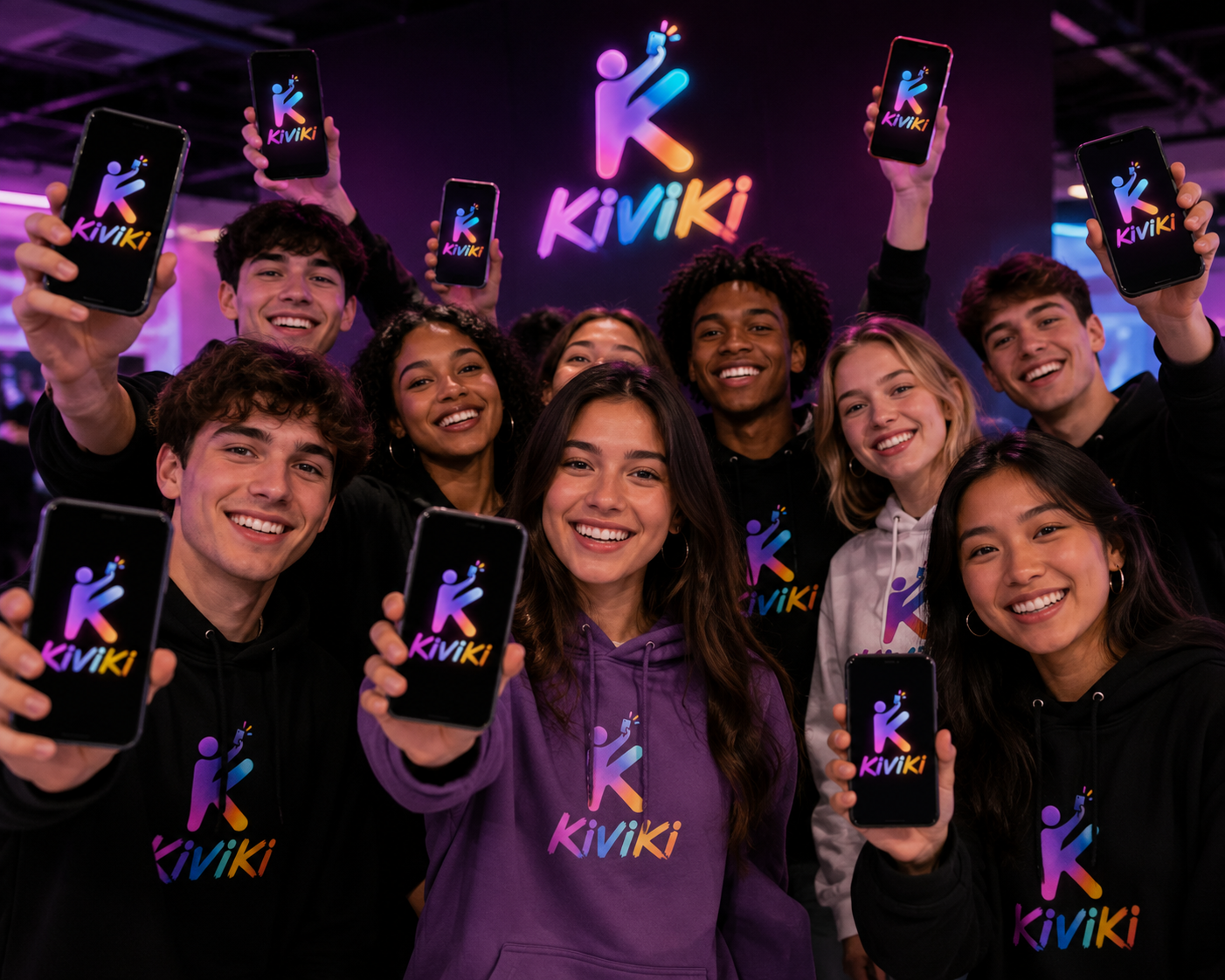 A diverse group of young creators using laptops, phones and tablets together to build animated stories