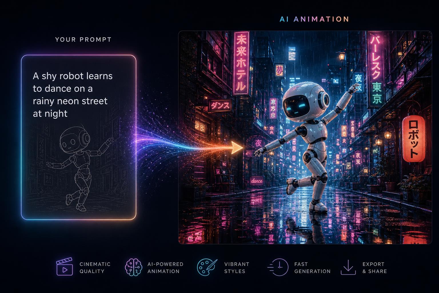 A text prompt on the left transforming into a cinematic animated result on the right — a shy robot dancing on a neon rainy street