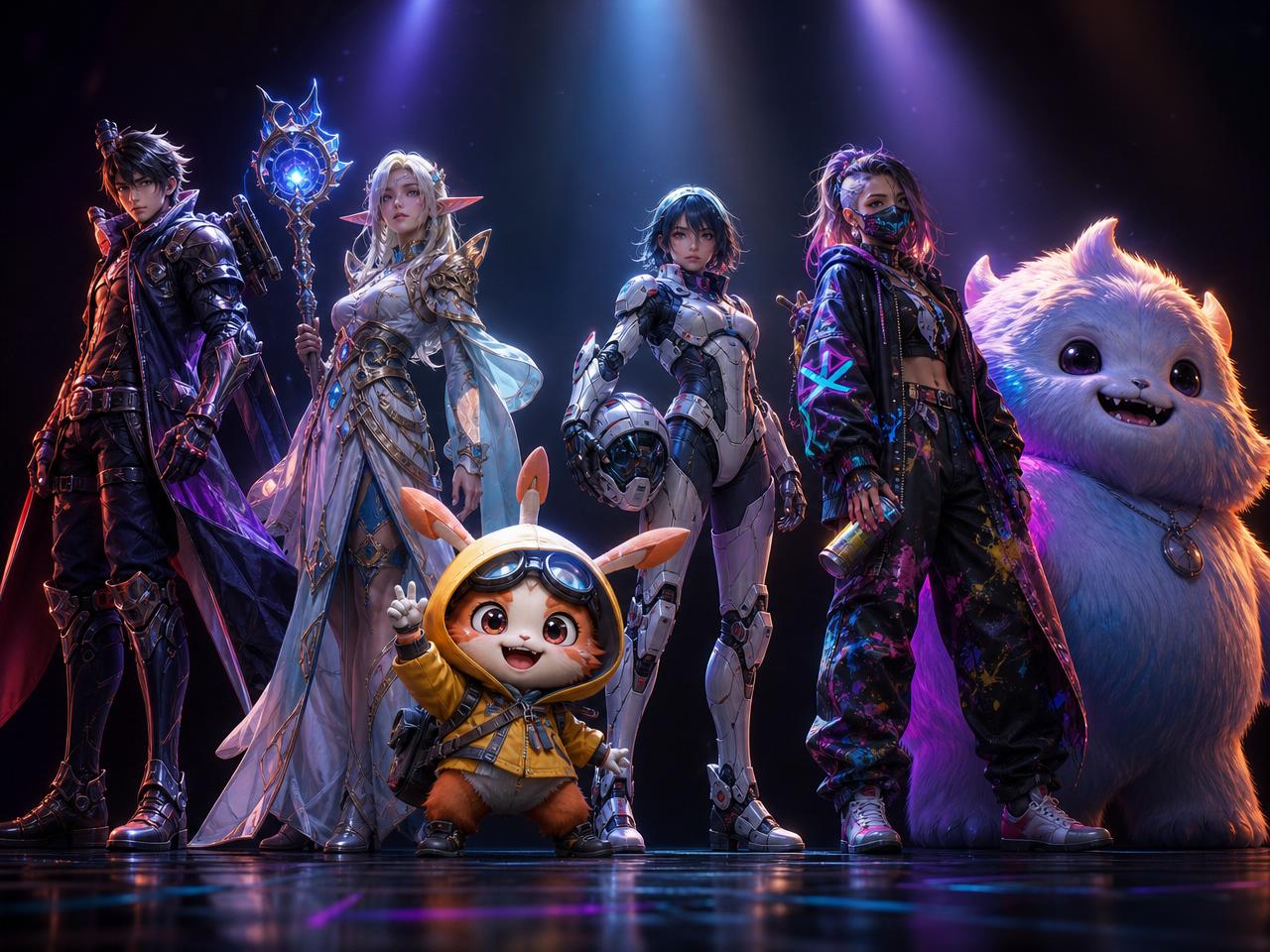 A lineup of six diverse stylized characters spotlit on a dark stage