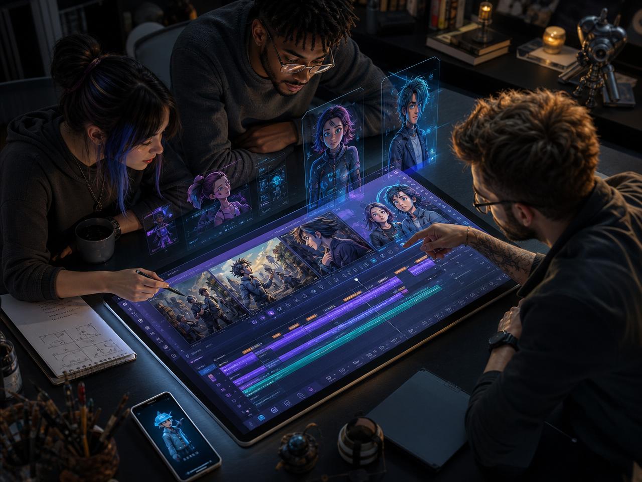 Three young creators collaborating around a large glowing tablet showing an animated storyboard
