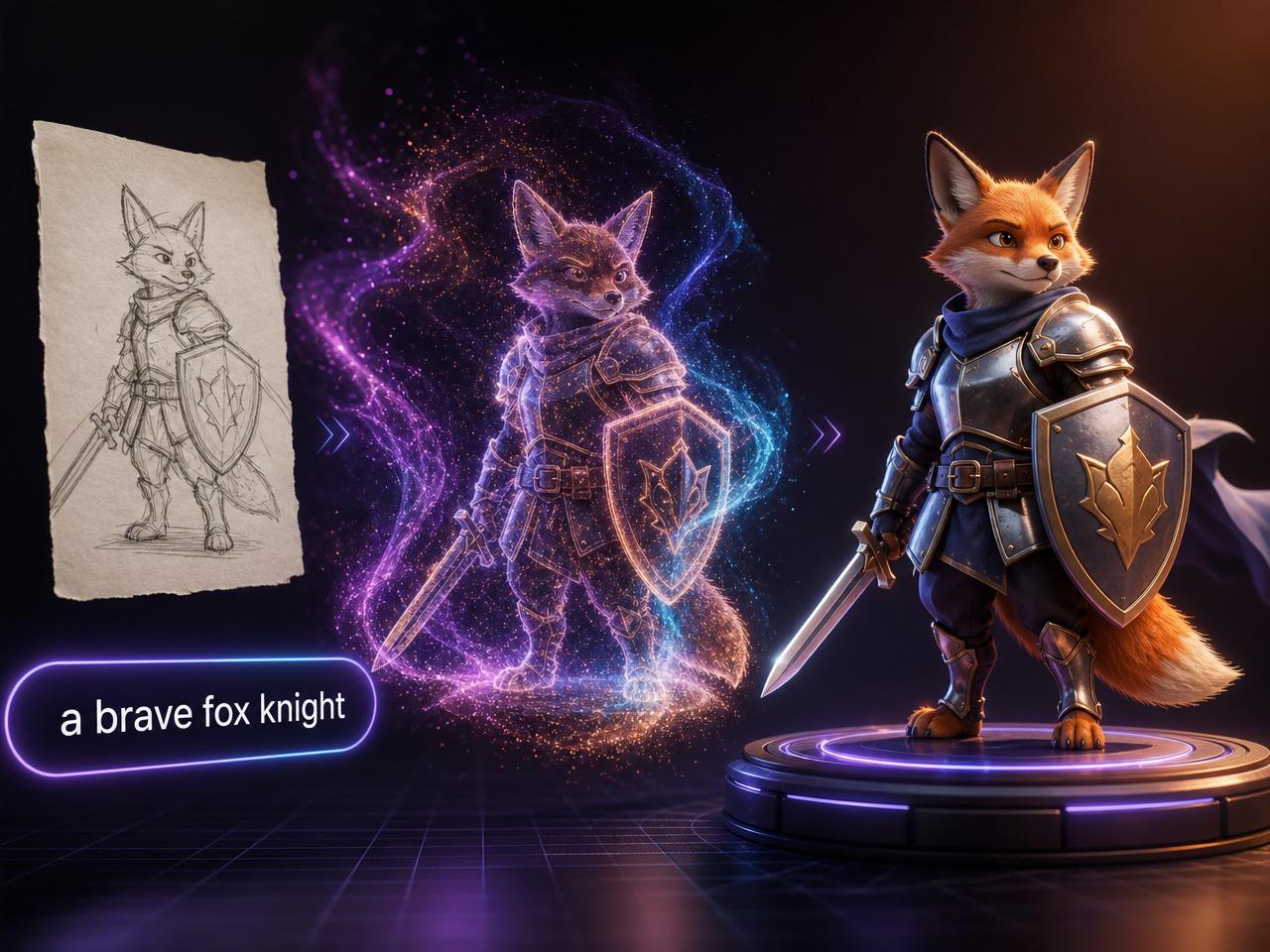 A pencil sketch of a fox knight transforming through swirling particles into a fully rendered 3D fox knight character