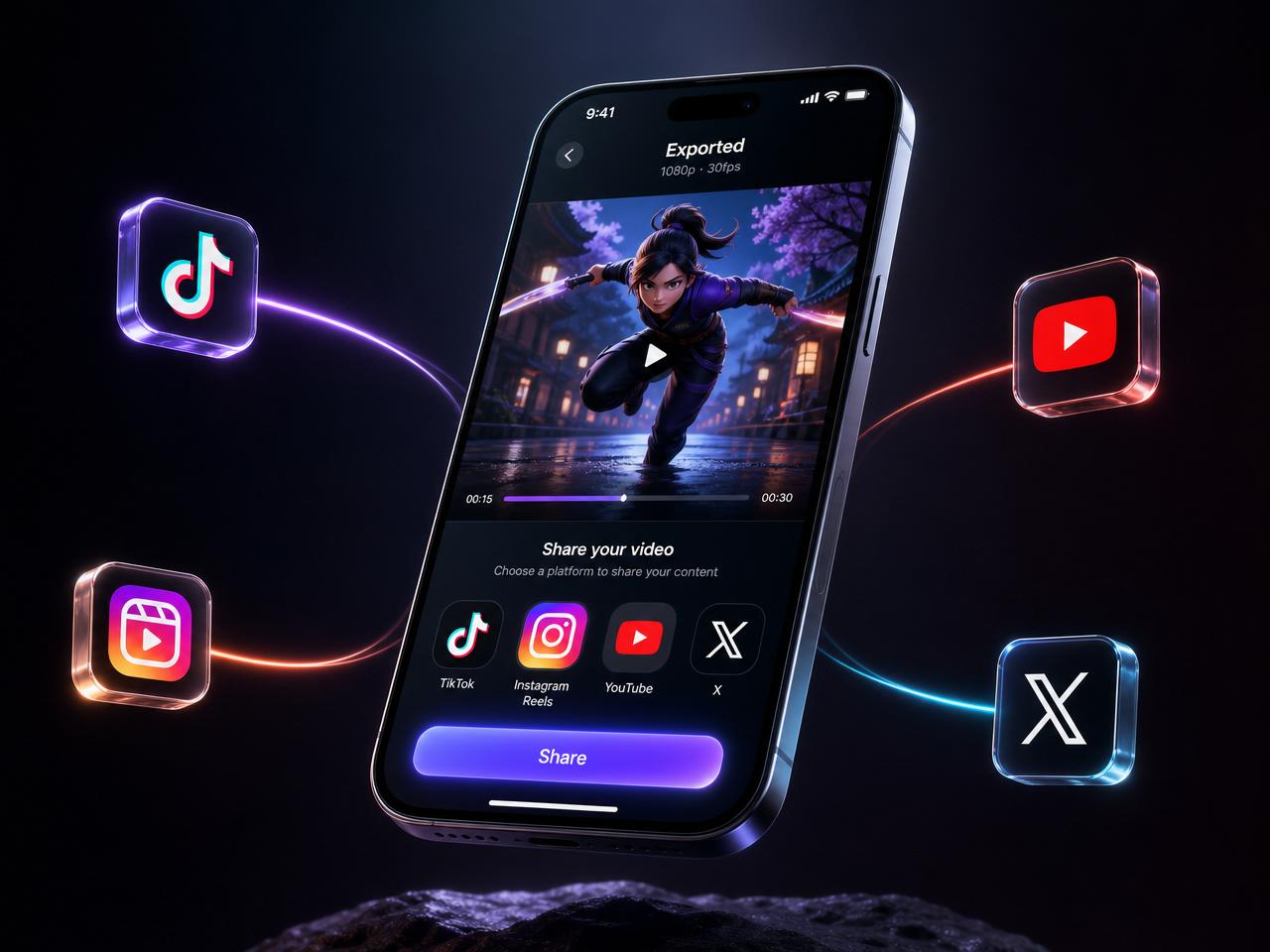 A smartphone showing a finished animated video with floating TikTok, Instagram Reels, YouTube and X icons connected by light trails