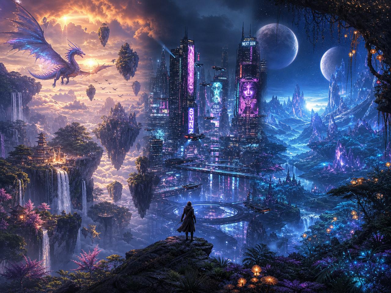 A cinematic montage of a fantasy floating-island realm, a neon cyberpunk city and a glowing alien planet