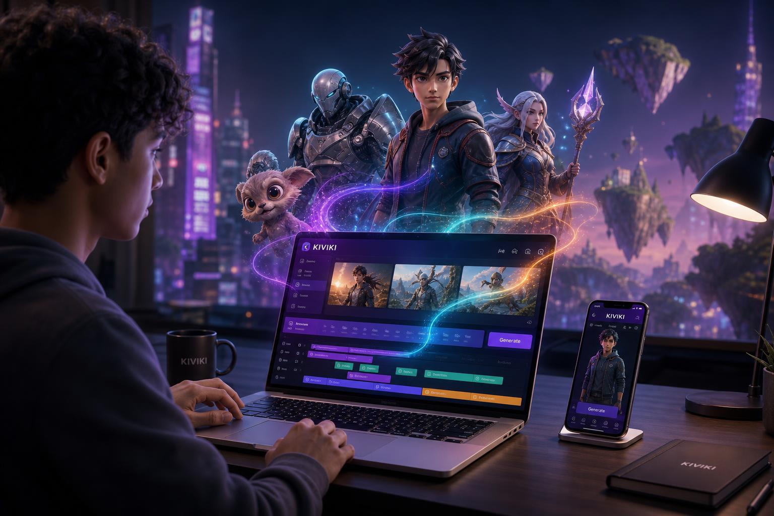 A young creator at a laptop running the Kiviki app with AI-generated fantasy warriors, sci-fi robots, anime heroes and creatures emerging from the screen alongside floating islands and magical worlds
